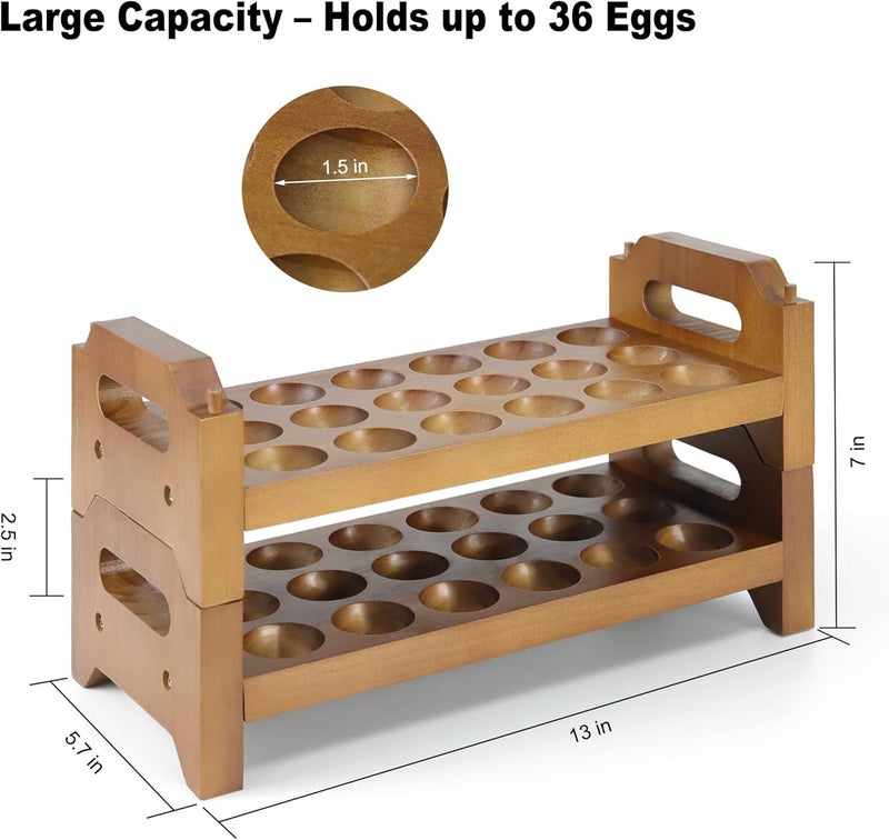 Uibyriy 2-Tier Wooden Egg Holder for 36 Eggs, Wooden Egg Holder Countertop with Carry Handle for Chicken, Duck, and Quail Eggs (Stackable) - Image 2